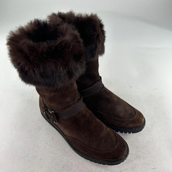 Stuart WeitzmanSuede Fur Trim Combat Boot US 8.5 Espresso Brown Midcalf Boots - Picture 10 of 13